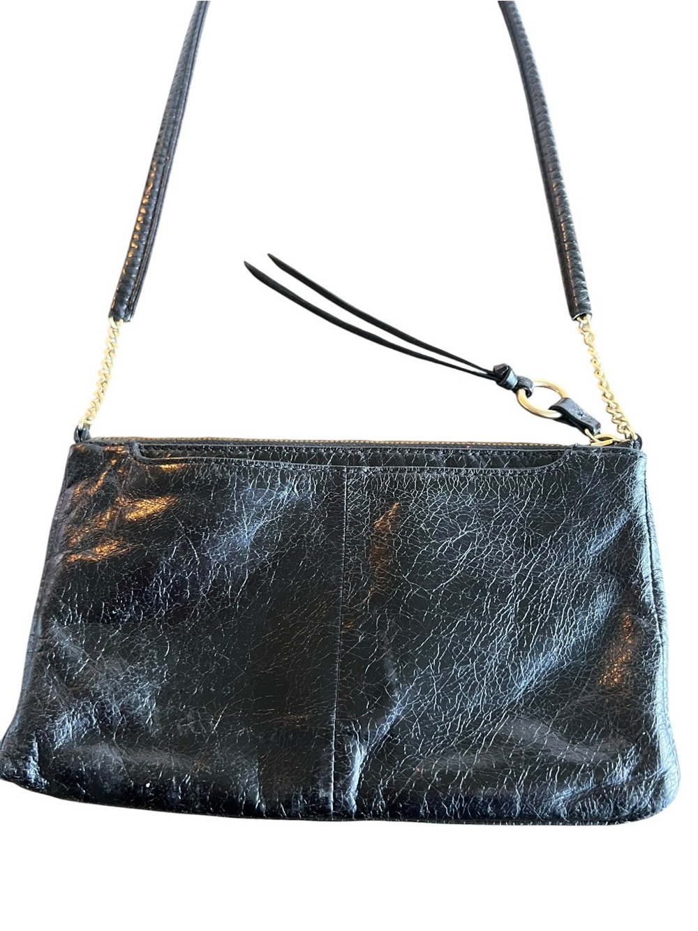 HOBO International Crossbody Bag Black Polished Leather Glossy Boho Festival Y2K